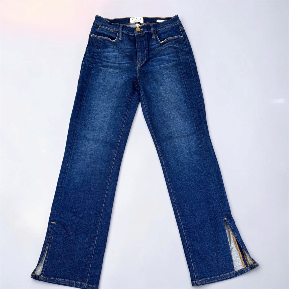 FRAME Le High Straight Front Slit Hem Dark Wash Jeans Size 27